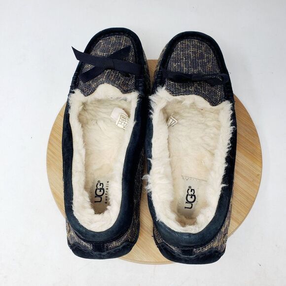 UGG Rylee Slipper Womens 8 Black Metallic Leopard Shearling Loafer Moc Toe Shoe - Picture 10 of 14